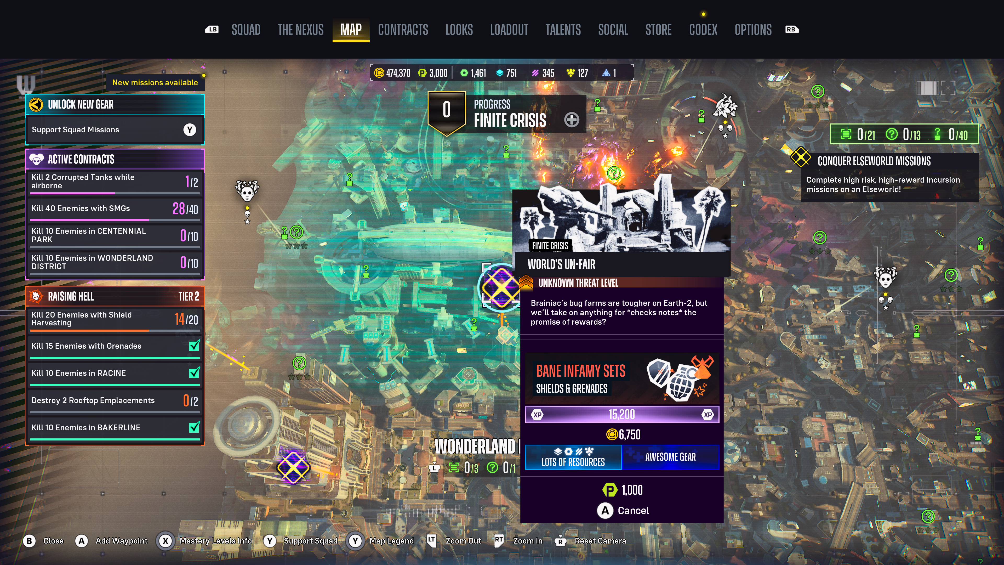屏幕截图：后期游戏中的地图及其许多活动