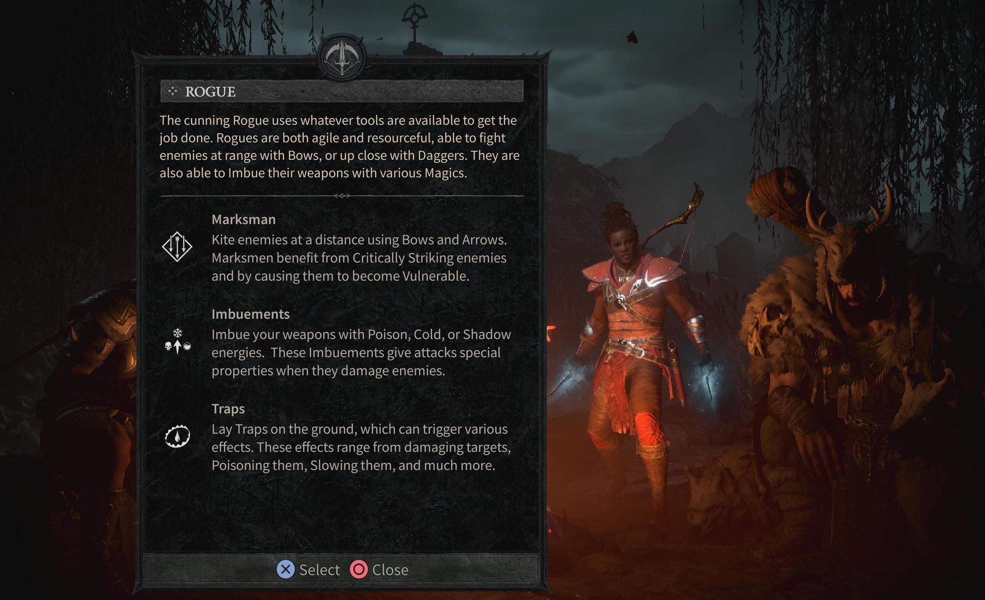 A rogue stands next to a description of the rogue class in Diablo 4.