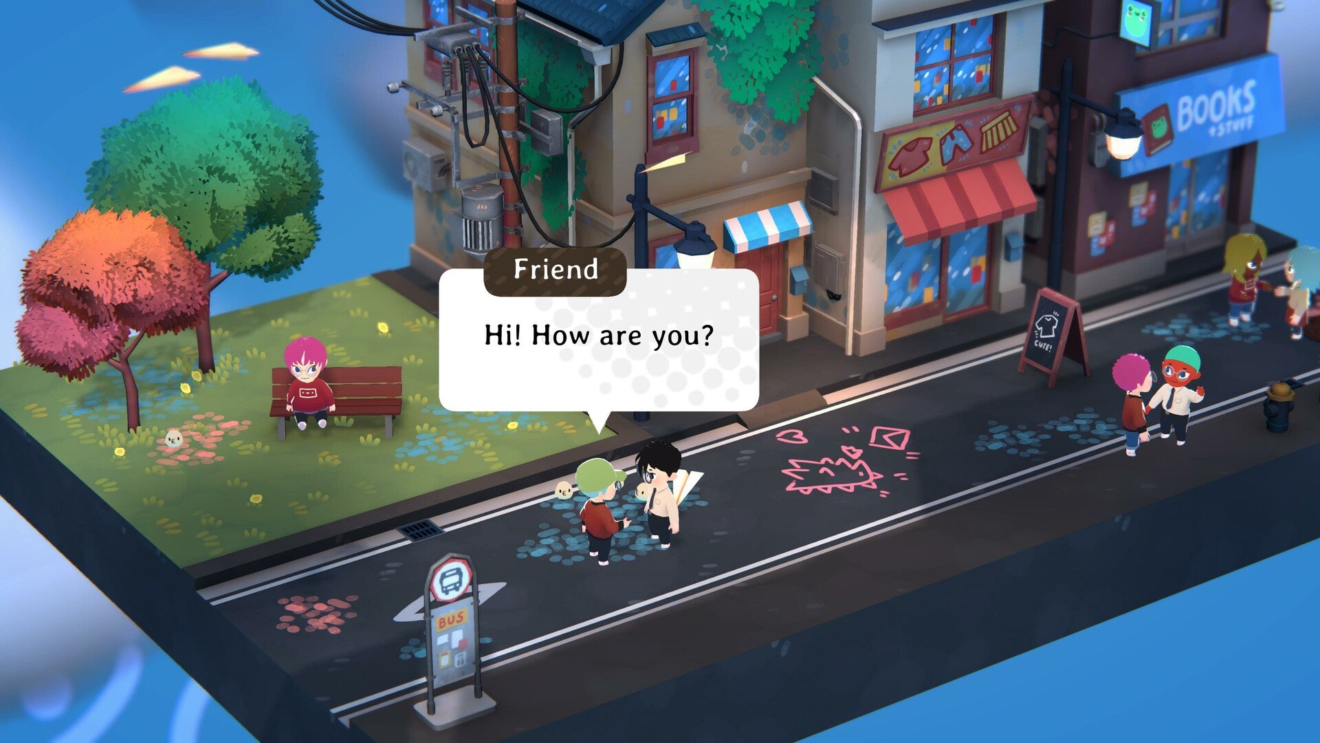 Une scène de rue dans Kind Words 2. C'est mignon et petit comme Animal Crossing. Les personnages s'arrêtent et se parlent. Une grande boîte de discussion s'ouvre et dedans, il est écrit, "Salut ! Comment ça va ?"