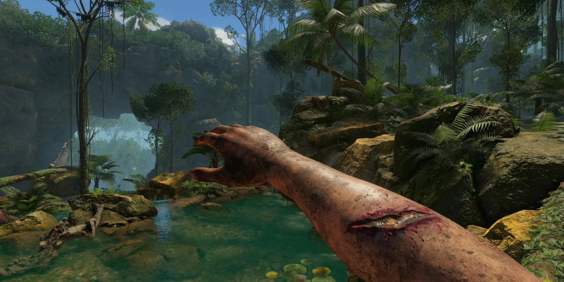 Le bras du joueur, avec une entaille, s'étendant au-dessus d'un lac dans la forêt tropicale de Green Hell