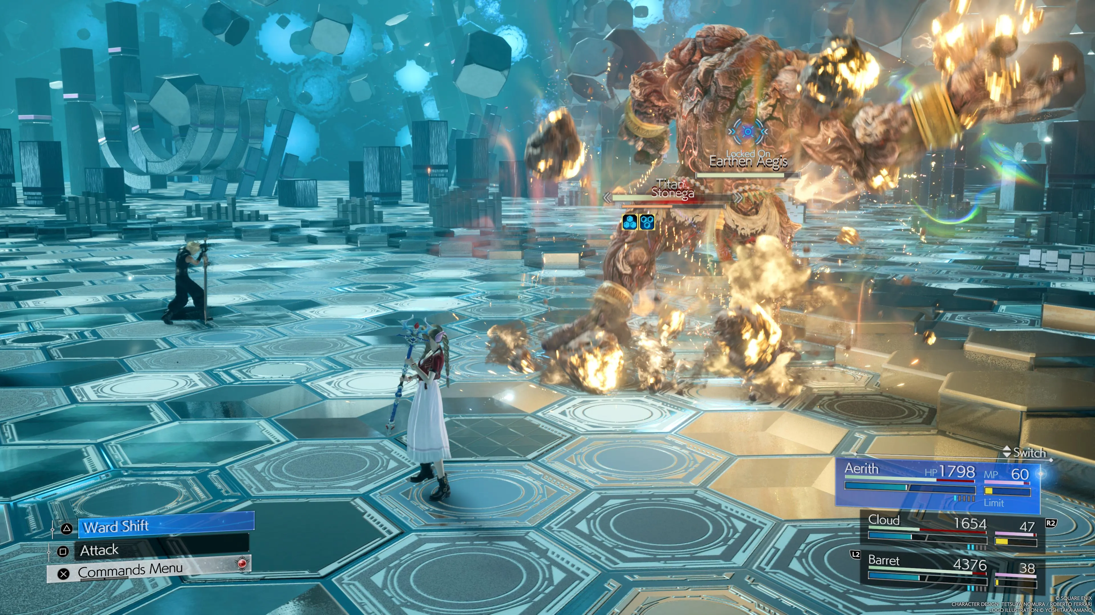 Aerith en la pelea del simulador de combate con Titán en Final Fantasy 7 Rebirth