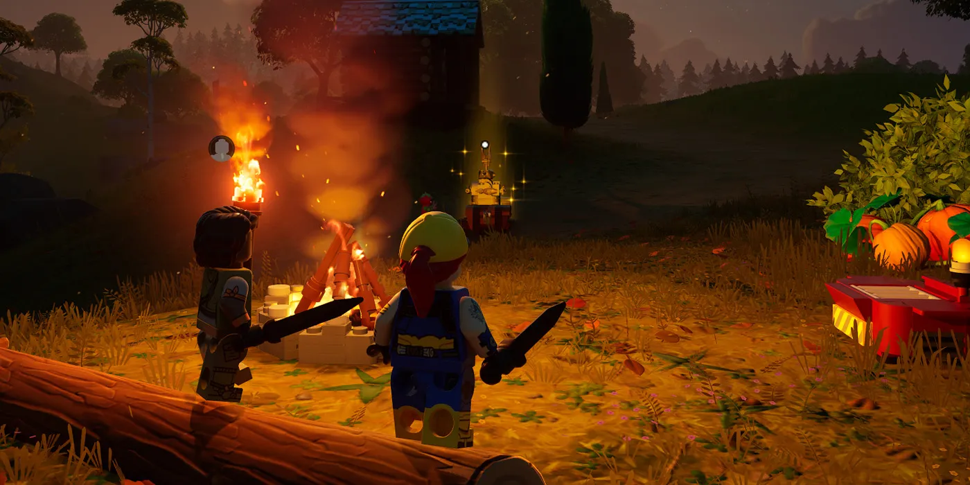 Captura de pantalla de Lego Fortnite mostrando dos minifiguras de jugadores junto a una fogata