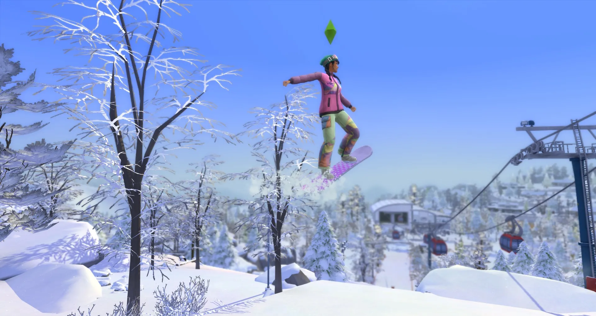 女性模拟人物在滑雪板滑雪的空中做技巧，位于《模拟人生 4：雪地度假》中的云森山脉，滑雪技巧