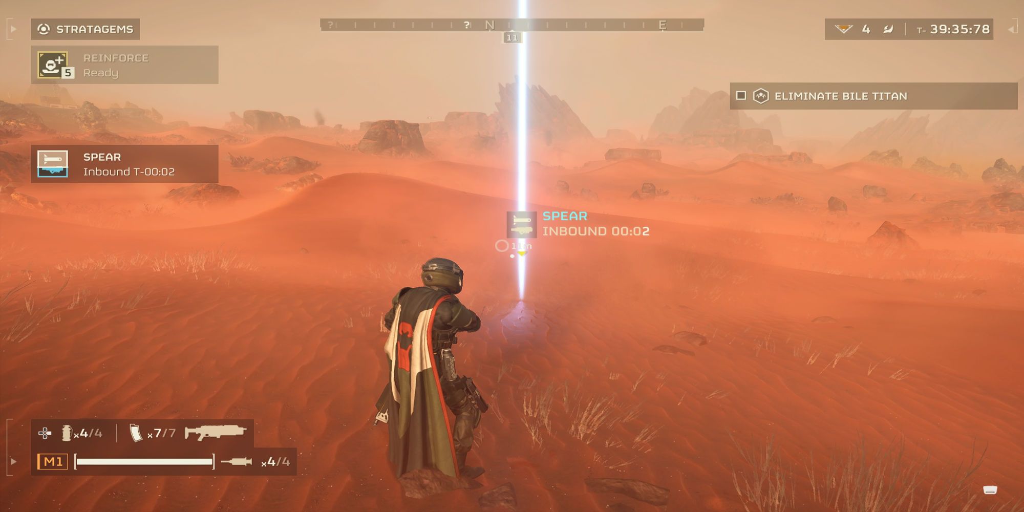 Un giocatore aspetta mentre la lancia che ha chiamato all'inizio della missione sta per atterrare