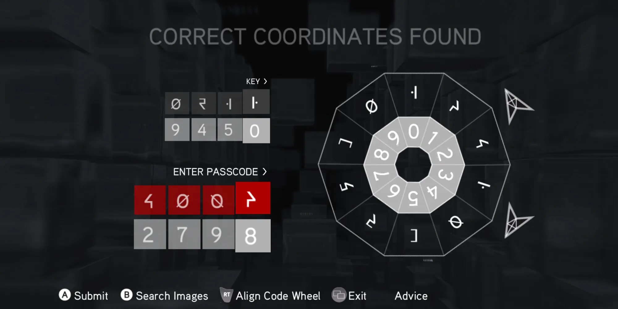 Screenshot di Assassin’s Creed Brotherhood del cluster 3, puzzle del codice d'accesso
