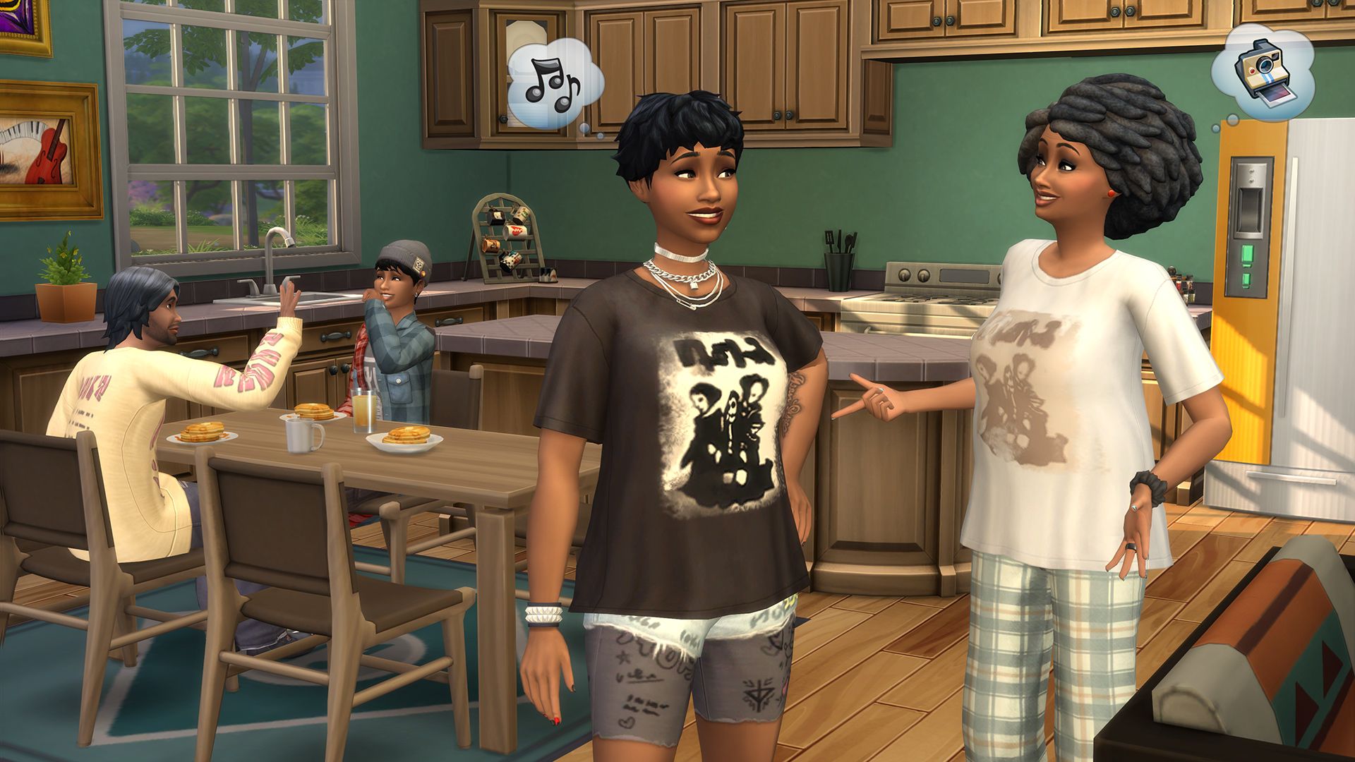 Sims 4 family in grunge outfits in their kitchen