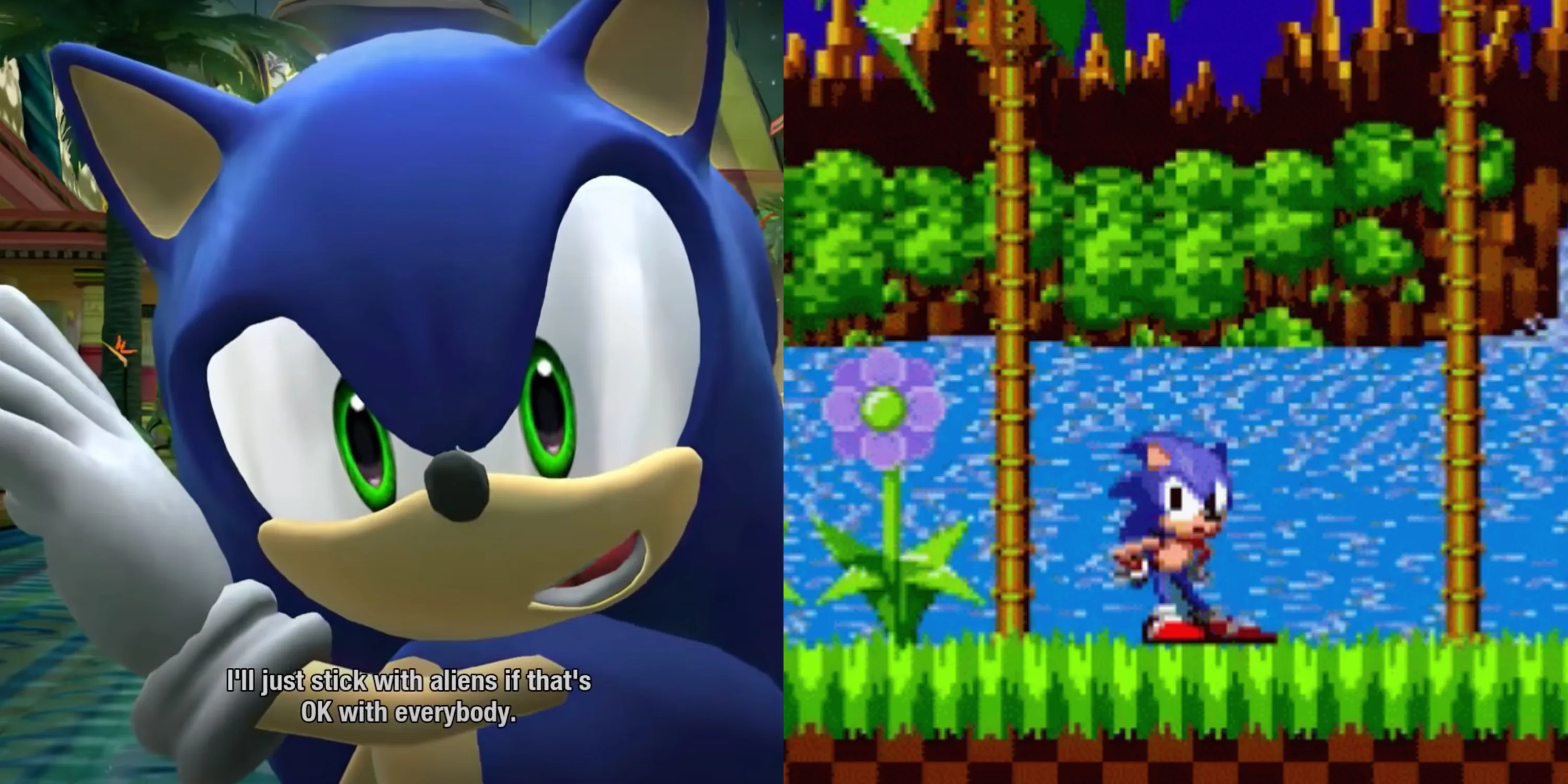 sonic breaking the 4th wall in sonic colors, and sonic tapping his foot and looking irritated at the player in the classic game