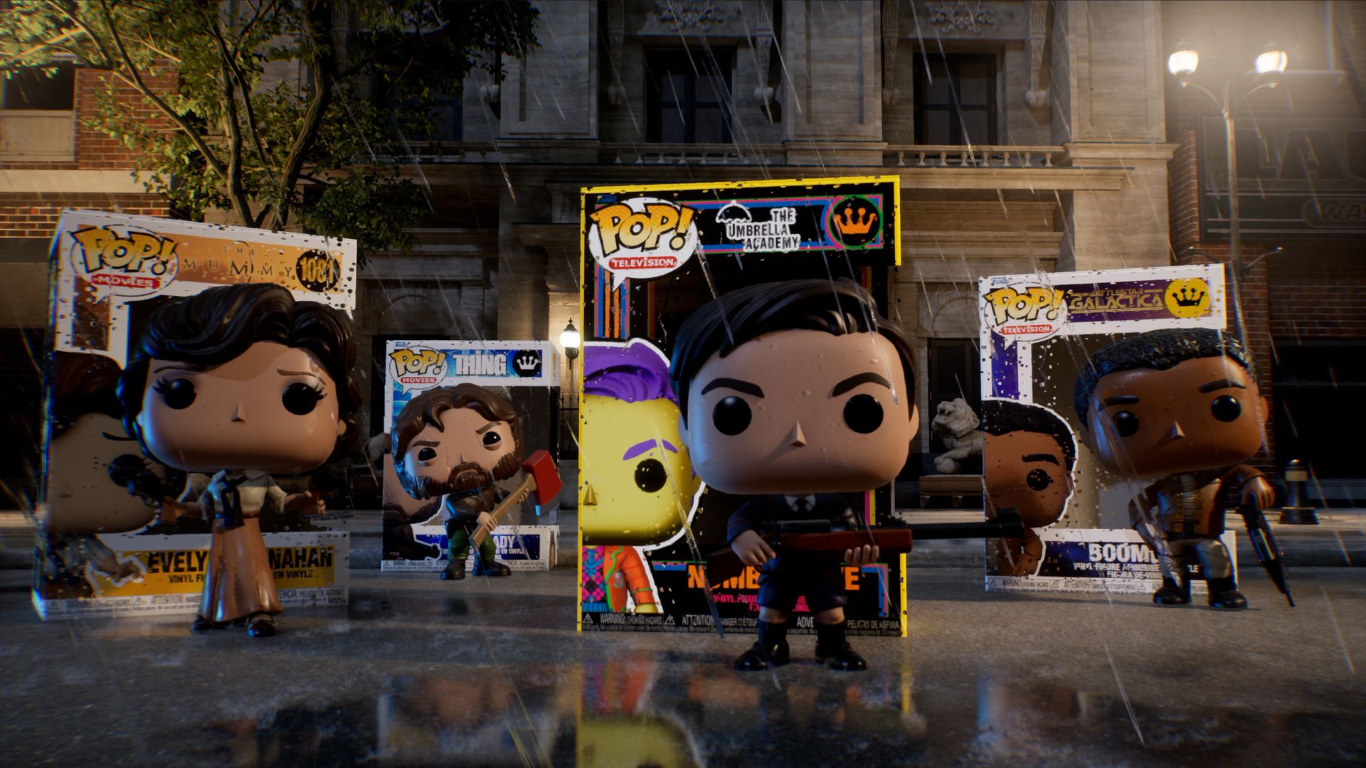 Funko Pop versions of Evelyn Carnahan from The Mummy, RJ Macready from The Thing, Number Five from The Umbrella Academy, and Boomer from Battlestar Galactica stand armed and ready in a rainy scene from Funko Fusion