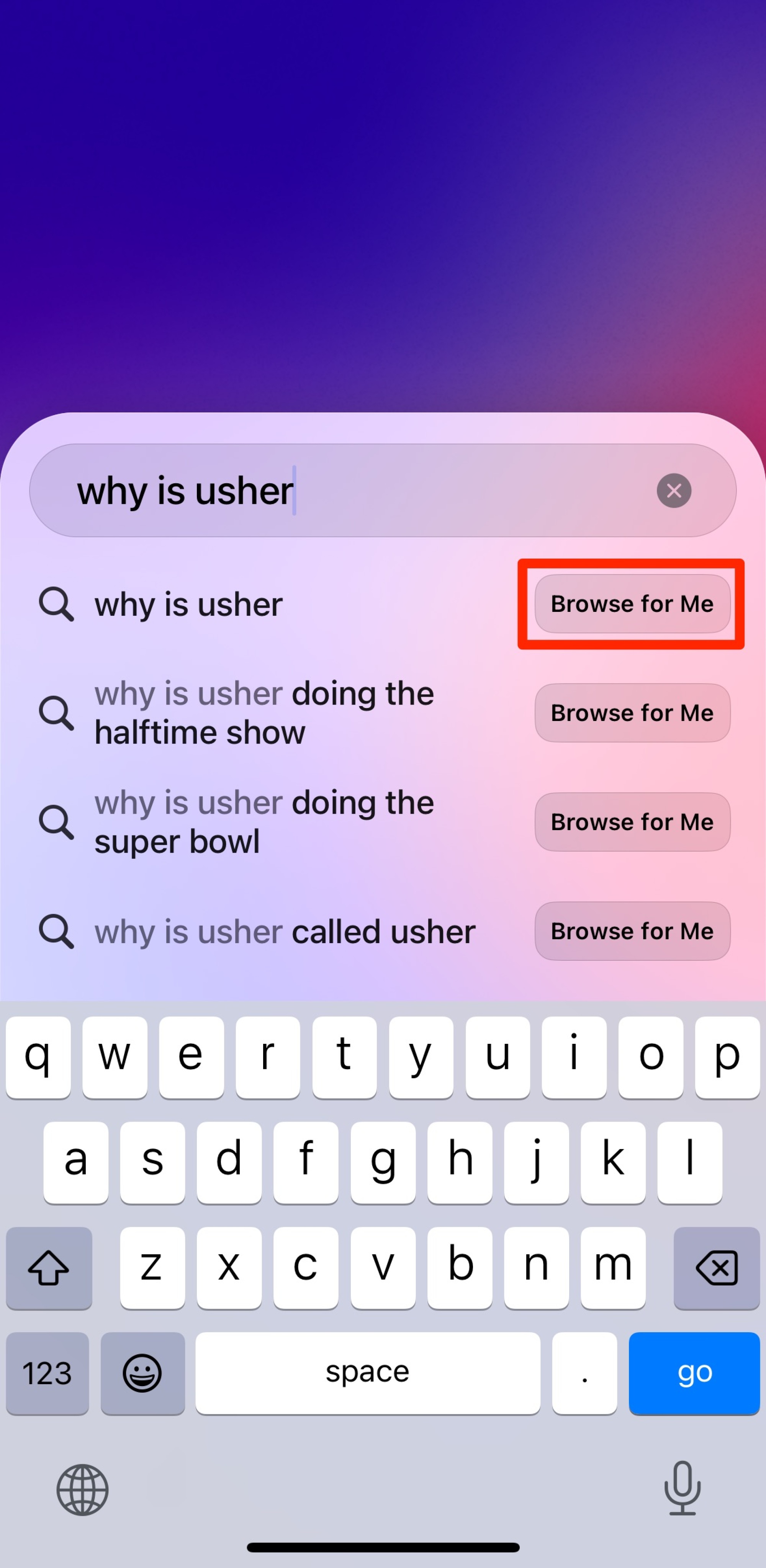 arc search bar che mostra una query per “perché Usher…” accanto al pulsante browse for you