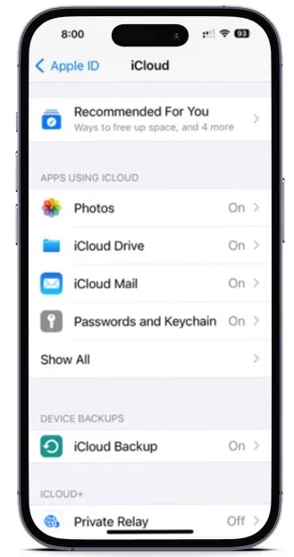 iCloud settings on an iPhone