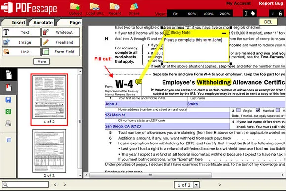 Una schermata dell'interfaccia dell'app PDFescape che mostra l'aggiunta di una nota adesiva a un documento