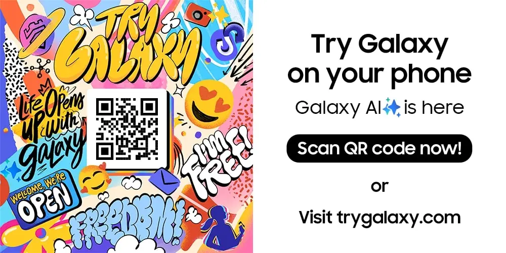 Banner do código QR do aplicativo Experimente a Galaxy da Samsung