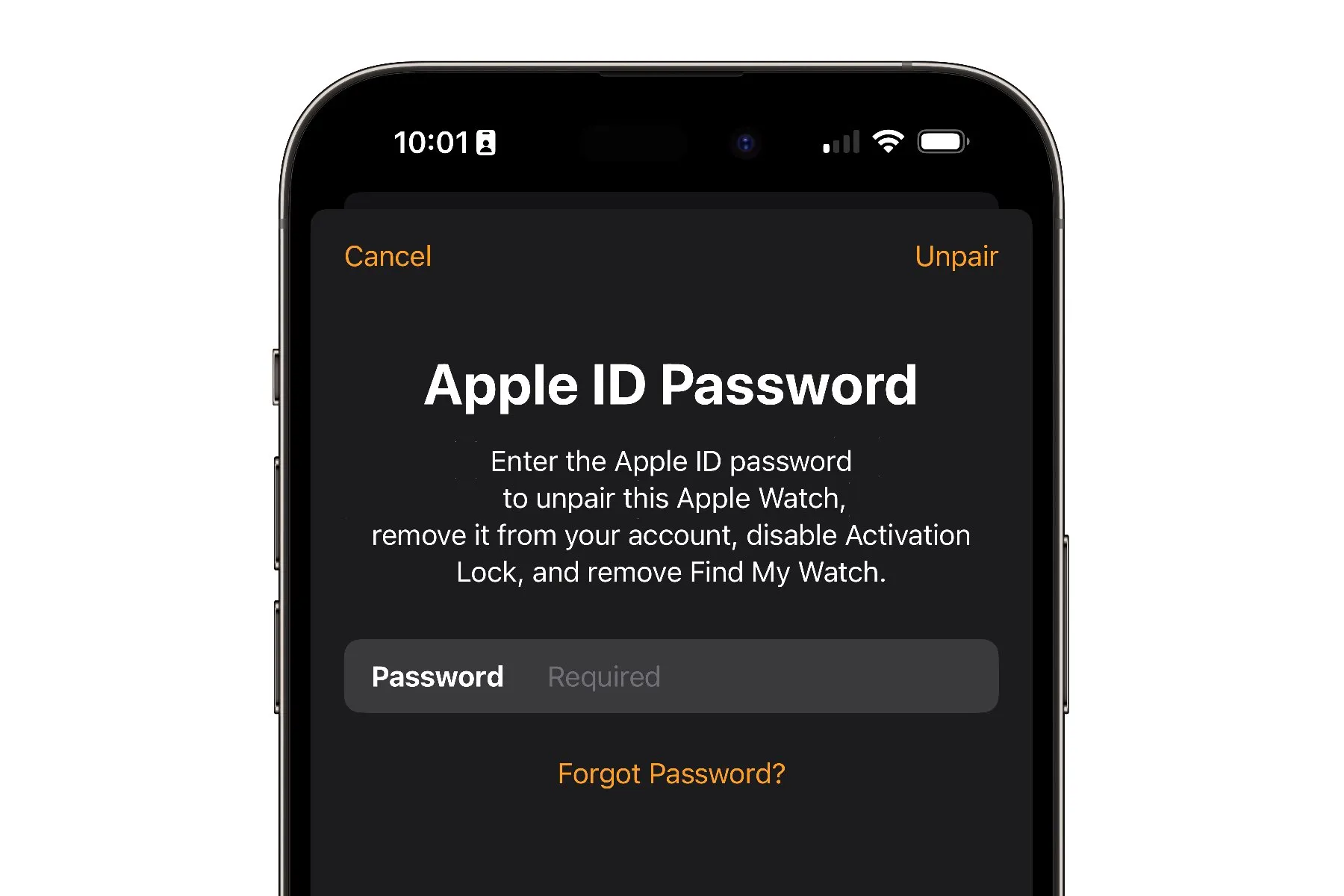 iPhone a mostrar o pedido de introdução da senha do Apple ID ao desemparelhar o Apple Watch.