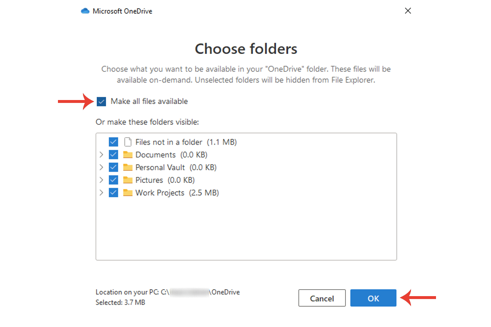 El botón Hacer todos los archivos disponibles para sincronizar en Microsoft OneDrive en Windows 10.