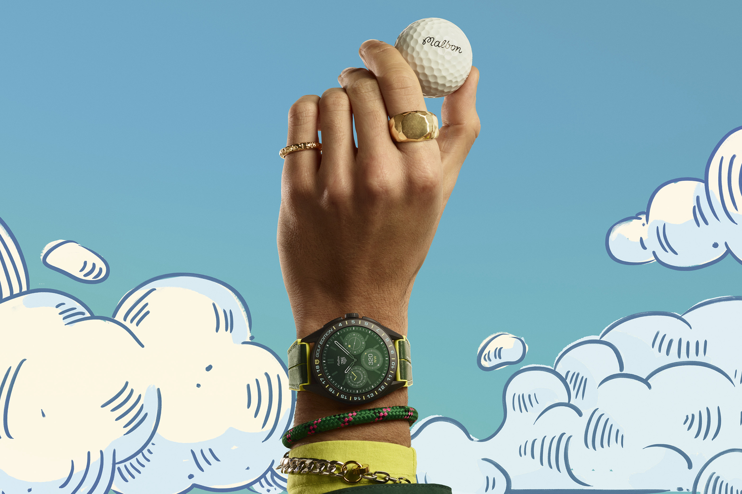 Un'immagine promozionale del Tag Heuer Connected Calibre E4 x Malbon Golf watch.