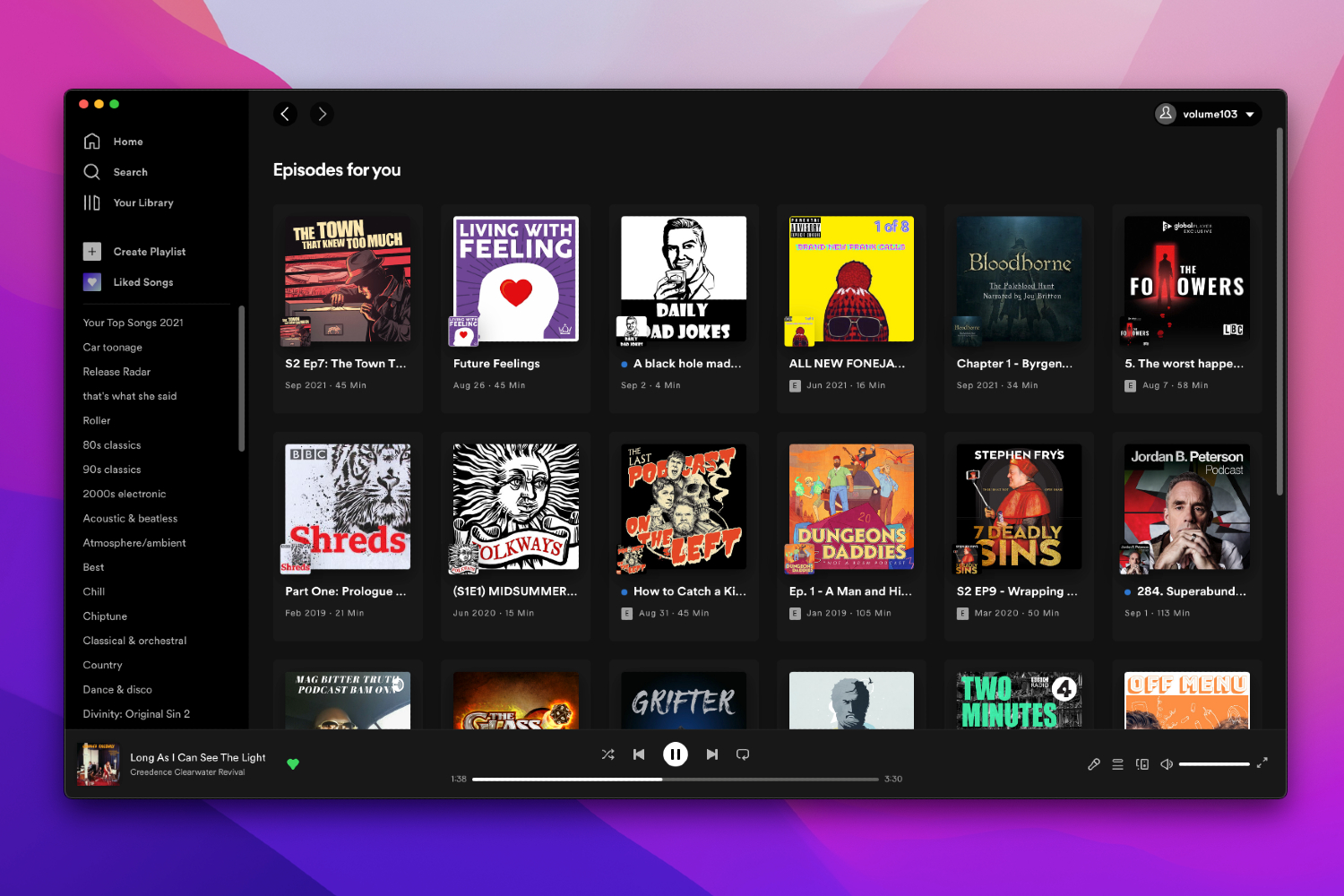O aplicativo do Spotify para Mac mostrando uma seleção de podcasts.