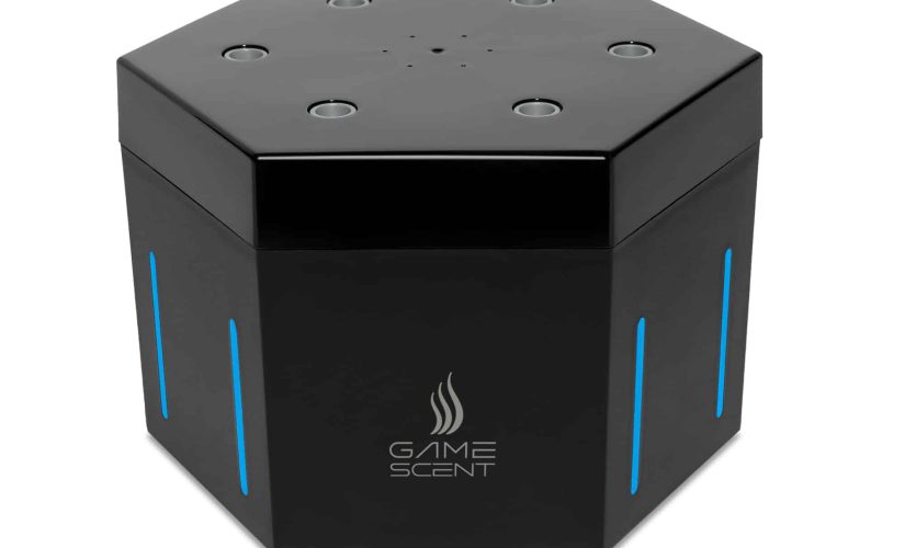 An image of the gamescent. A black hexagonal box with two blue striped lights on every second side.