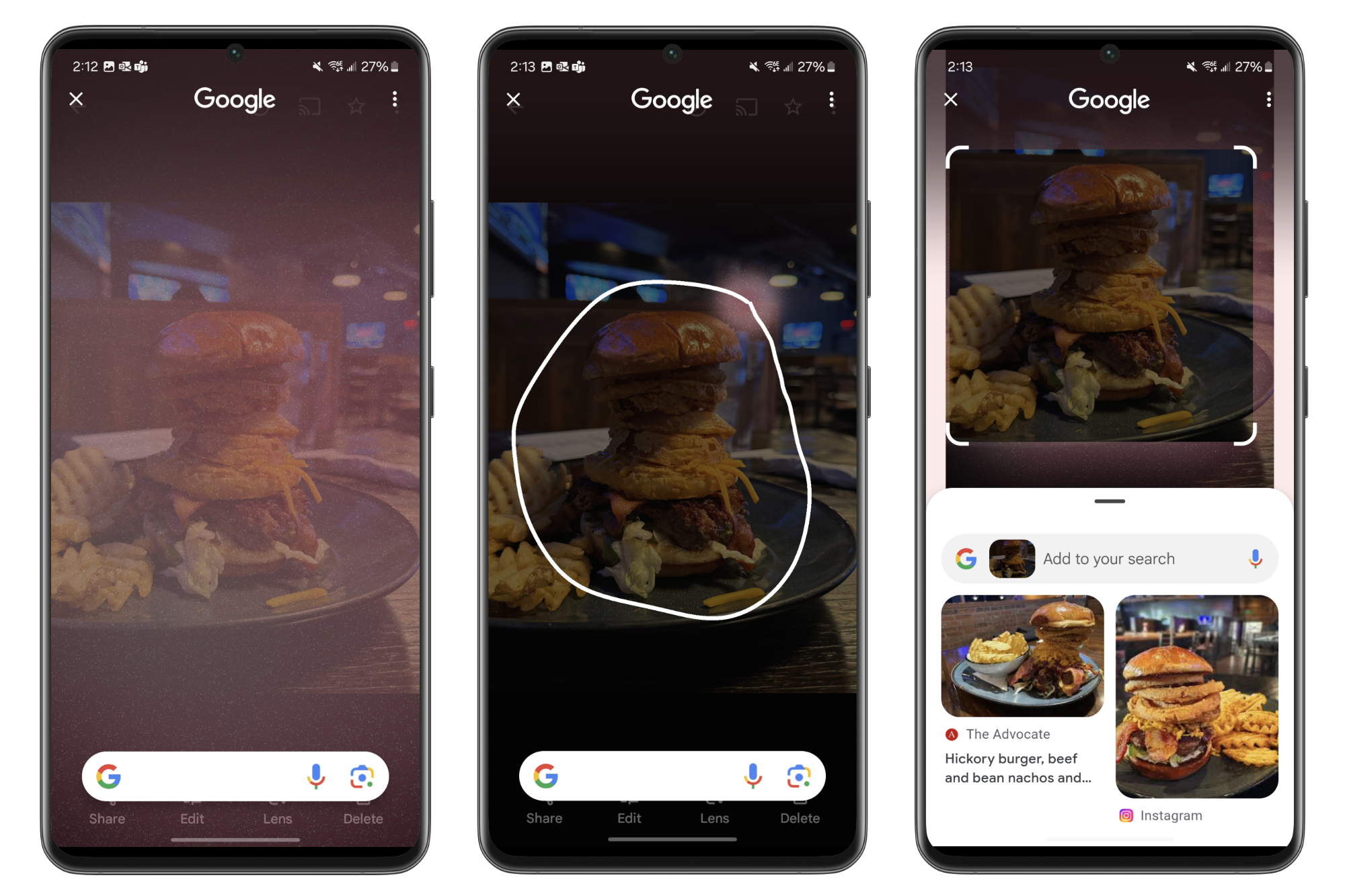 Circle to Search pesquisando por um hambúrguer em um Samsung Galaxy S24.