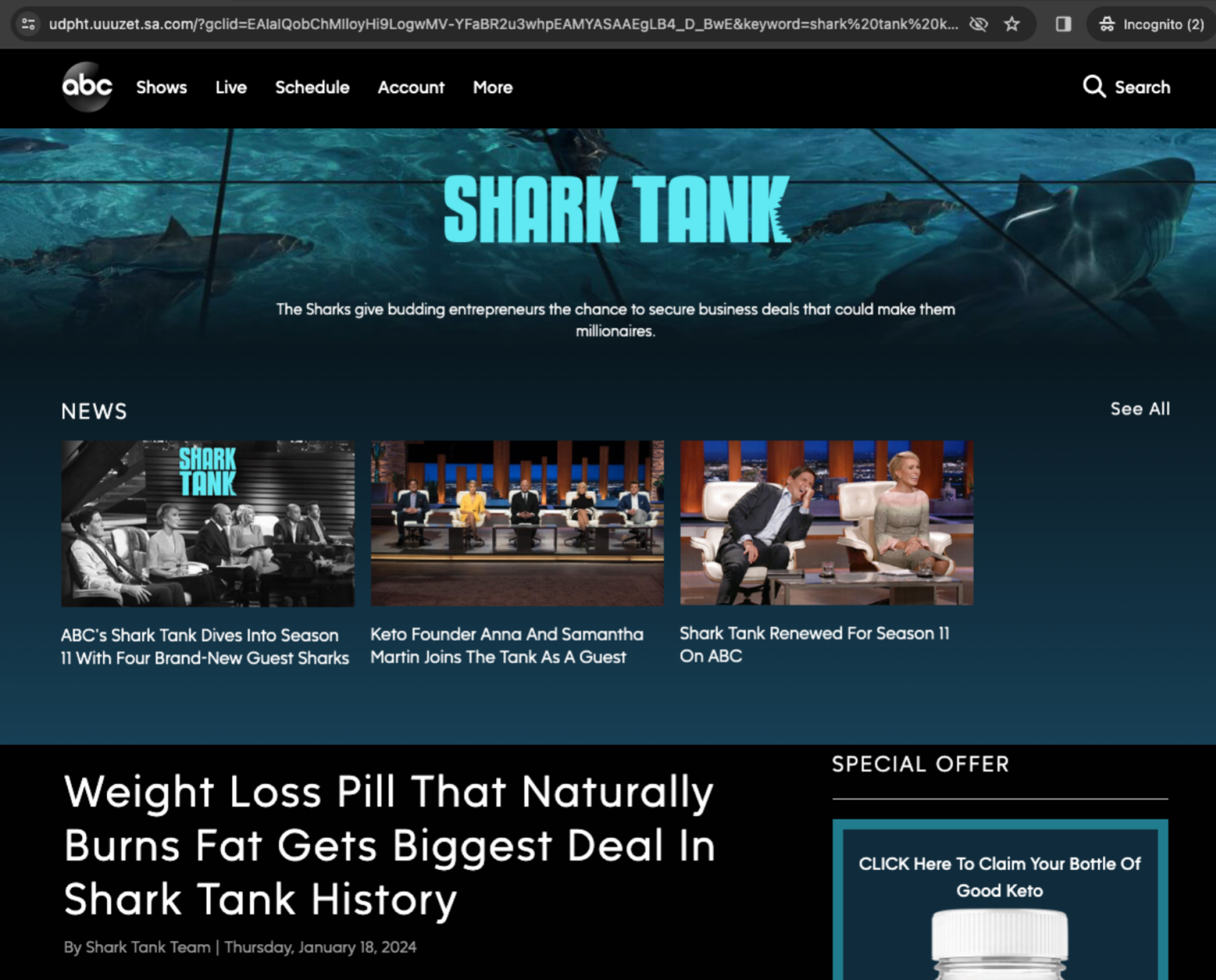 Página falsa de keto gummies do Shark Tank