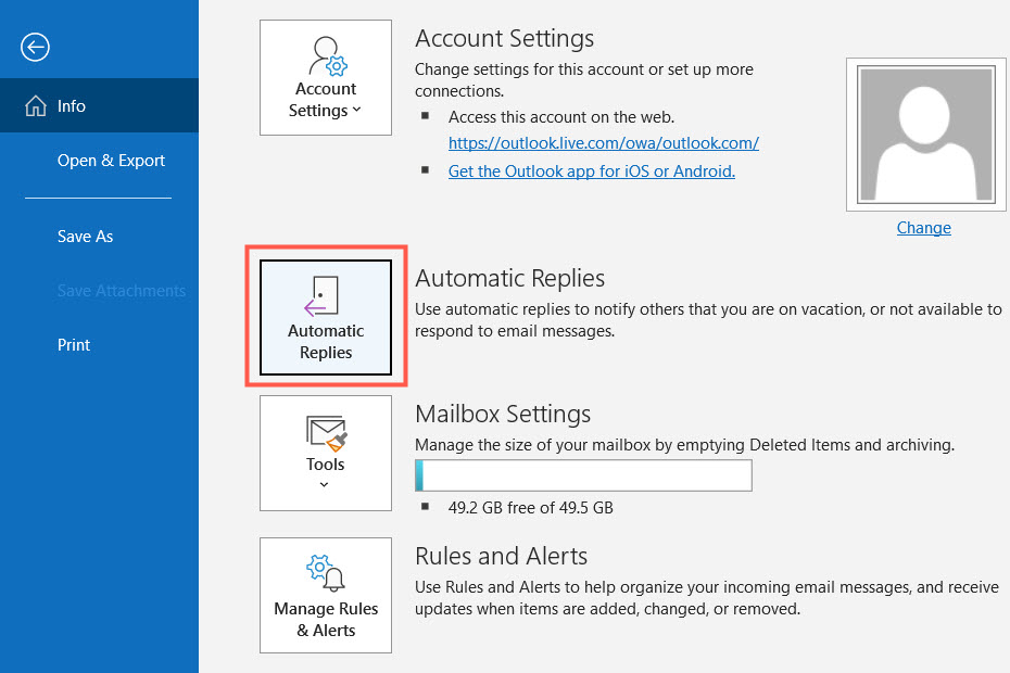 Respostas Automáticas na tela de Informações no Outlook no Windows