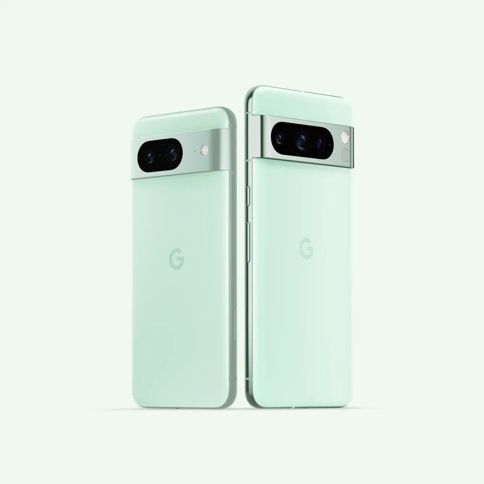 Two mint-colored Pixel 8 phones