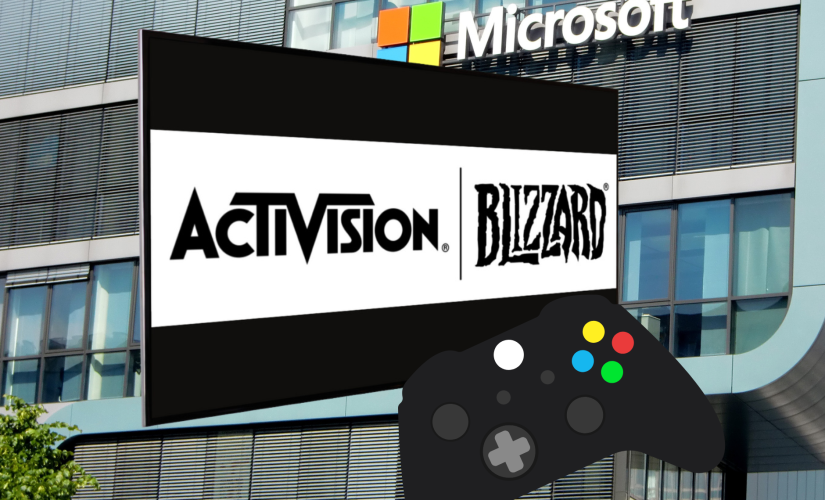 Il balzo del fatturato di Microsoft Xbox di 2 miliardi di dollari dopo l'acquisizione di Activision Blizzard. Logo di Activision Blizzard su uno schermo TV con un controller Xbox e di fronte all'edificio di Microsoft.