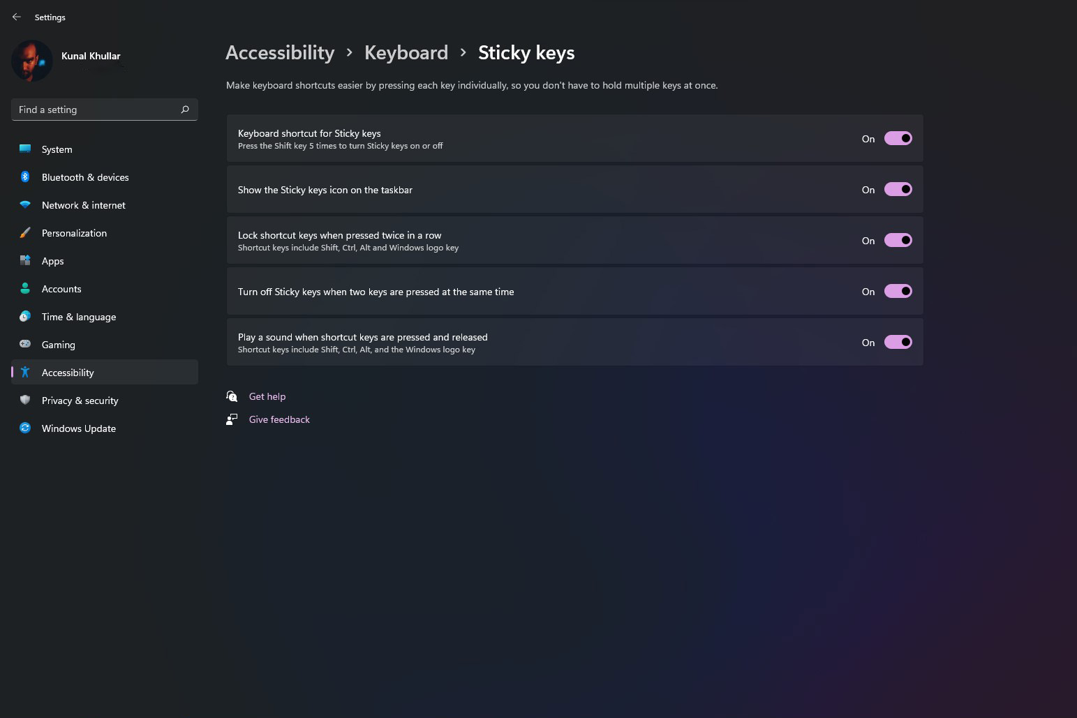 Screenshot of additional Sticky Keys settings on Windows 11