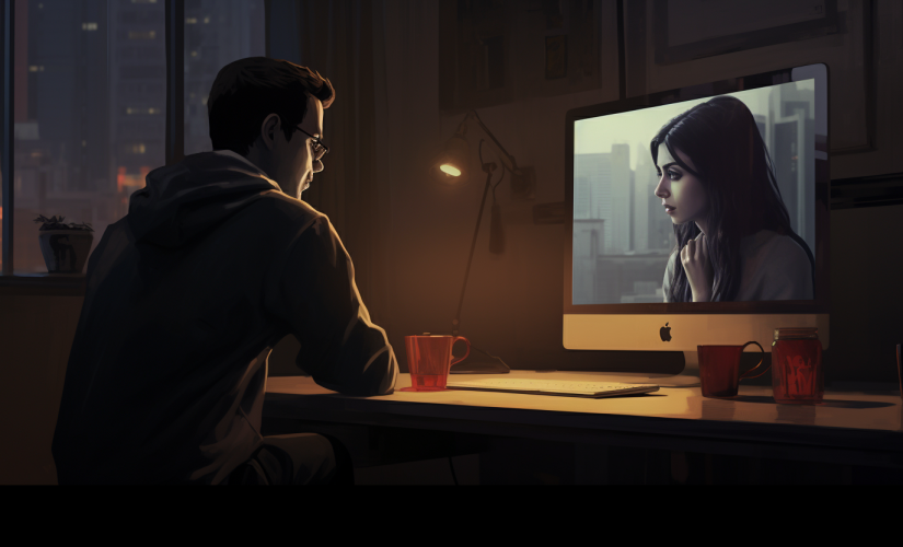 An AI generated image of a man alone in a dimly lit appartment room interacting with an AI woman on a computer screen