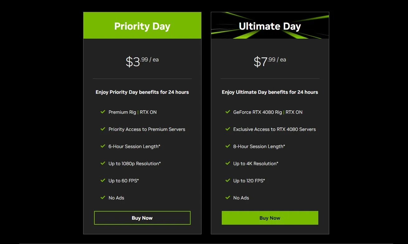 Opções de passagem de um dia da Nvidia para o GeForce Now.