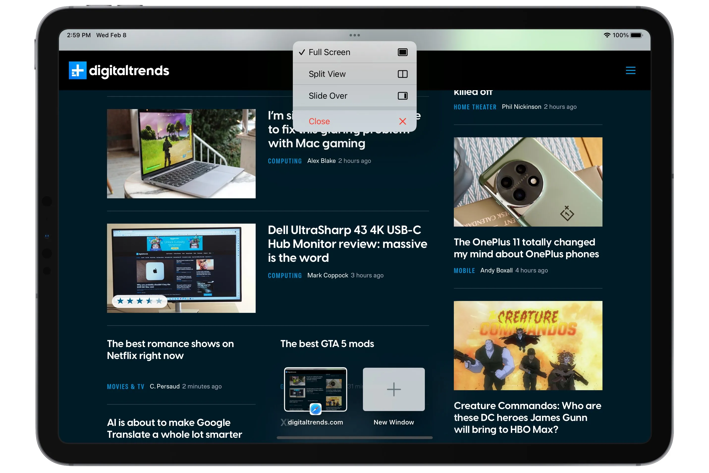 Safari открыт в полноэкранном режиме на iPad с открытым меню макета с многозадачностью.