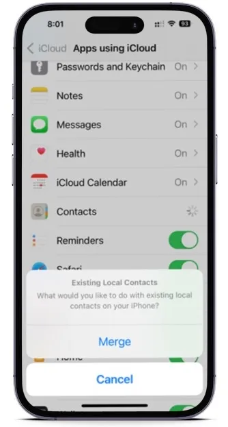 Contacts iCloud settings on an iPhone