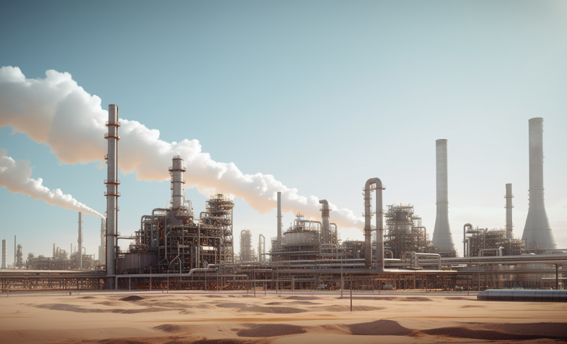 Un'immagine generata da AI di un vasto impianto industriale nel deserto
