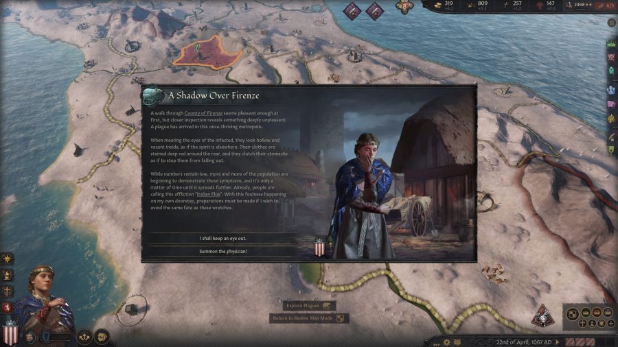 Uma tela de status em Crusader Kings III mostrando que a praga chegou.