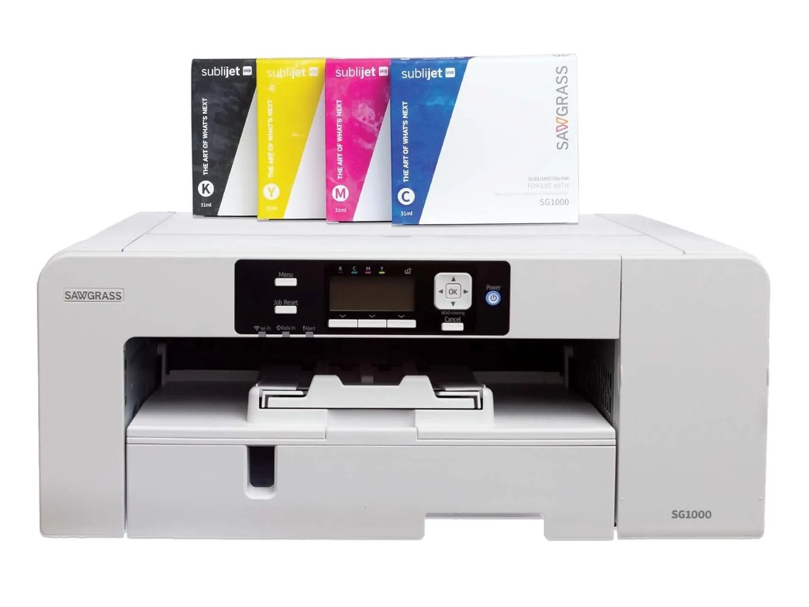 A Impressora por Sublimação Sawgrass SG1000 com papel associado.