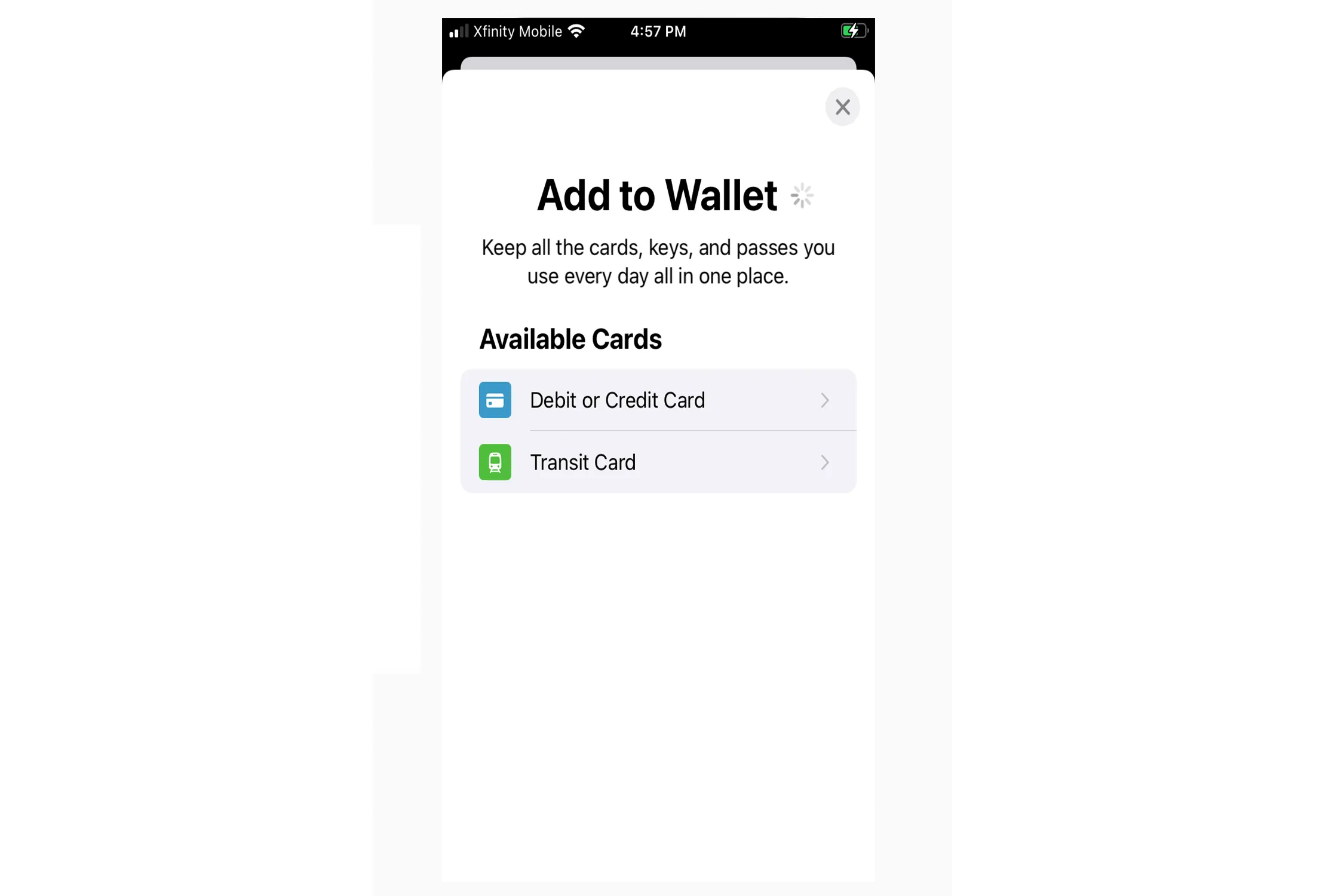 Schermata Aggiungi carta di credito Apple Wallet