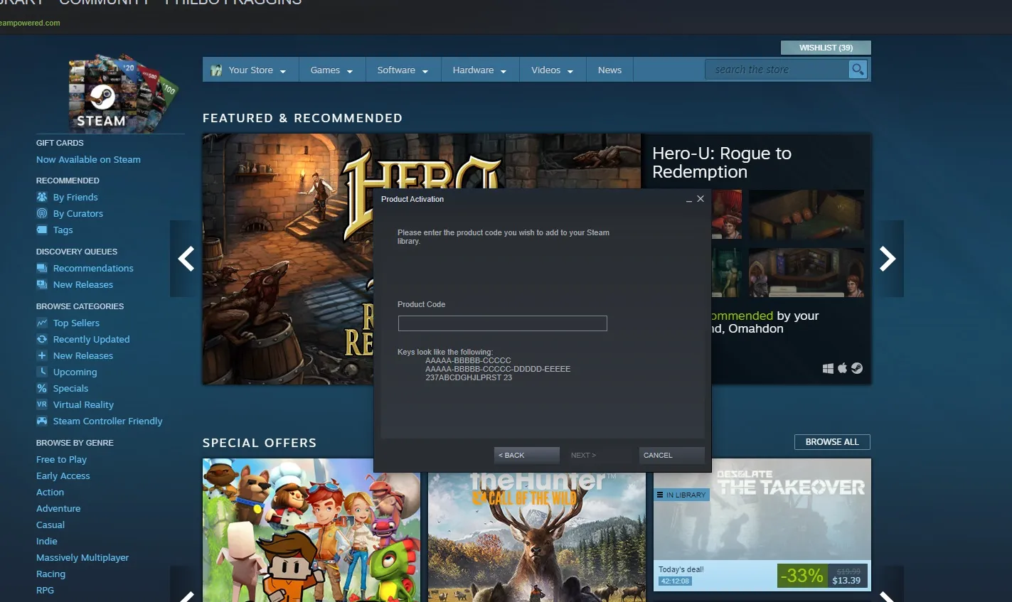 Inserir chave do Steam