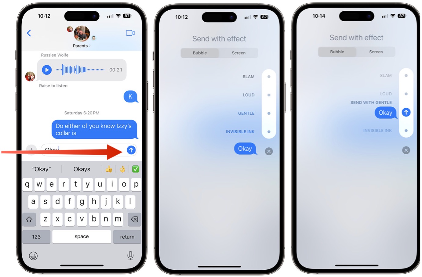 Captura de tela mostrando como adicionar efeitos de mensagem no iPhone.