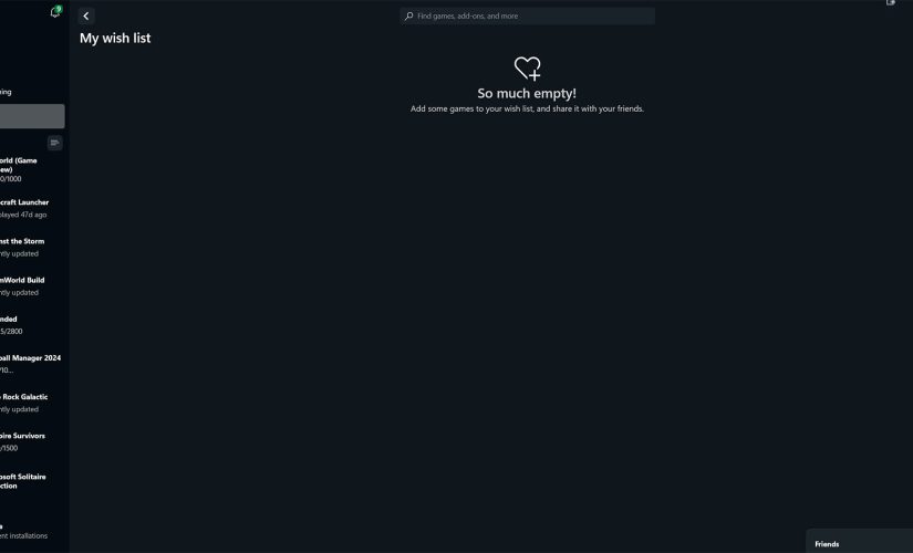 Una schermata che mostra una lista dei desideri vuota con bug