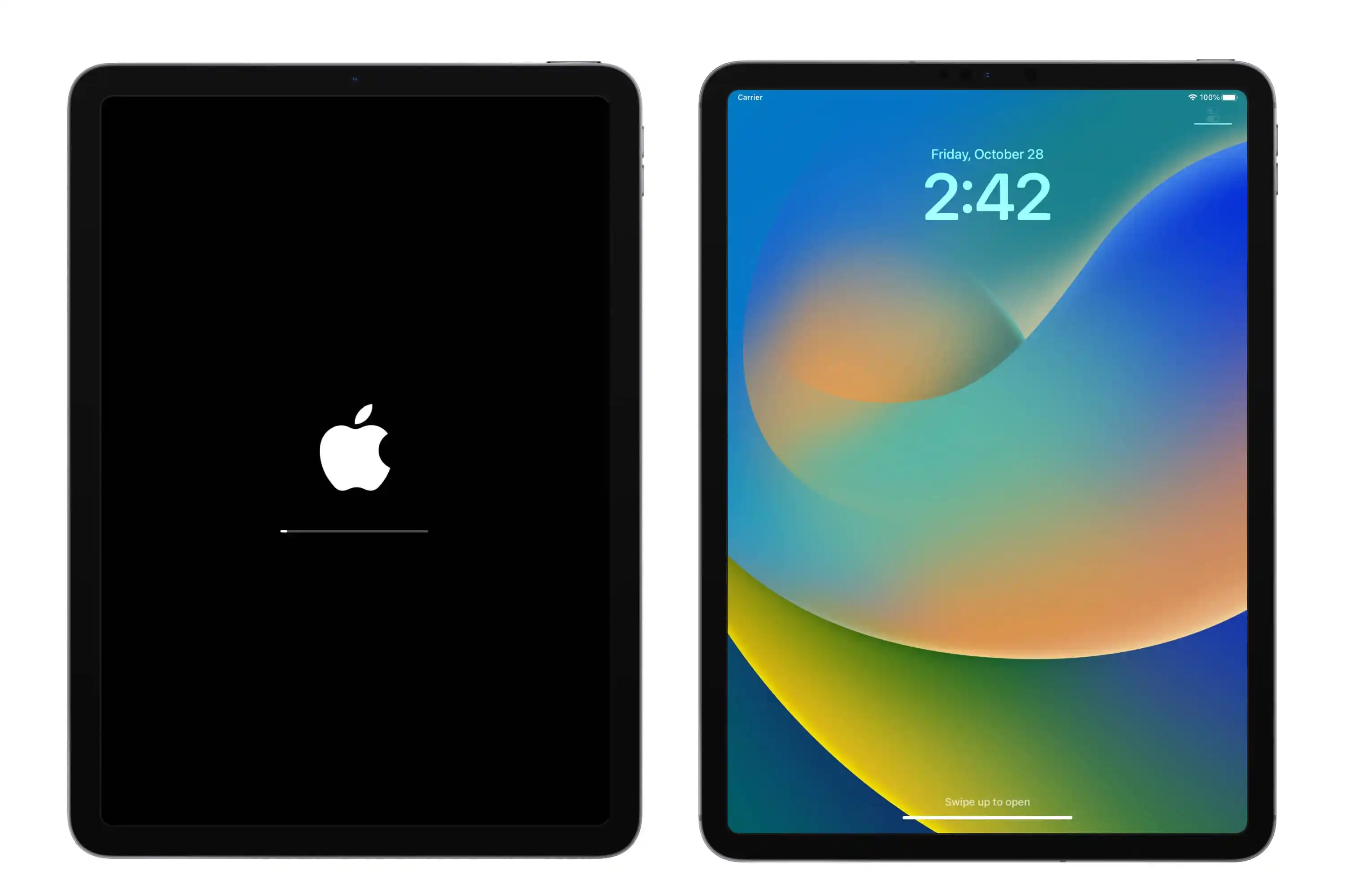 Dos iPads mostrando pantalla de reinicio y pantalla de bloqueo.