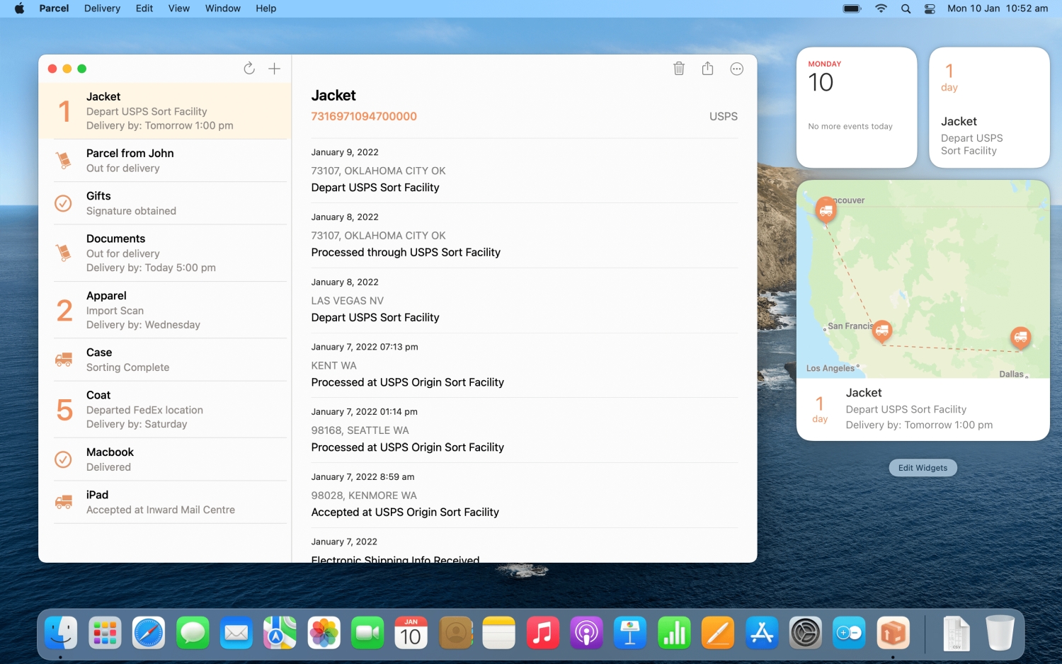 O aplicativo Parcel Mac mostrando uma lista de encomendas esperadas e seus detalhes de rastreamento.