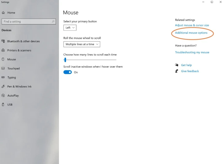Opzioni del mouse in Windows 10