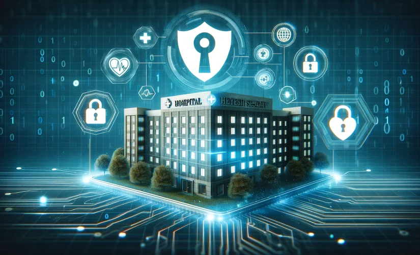 Edificio ospedaliero con simboli di sicurezza informatica, raffiguranti la sicurezza digitale nell'assistenza sanitaria.