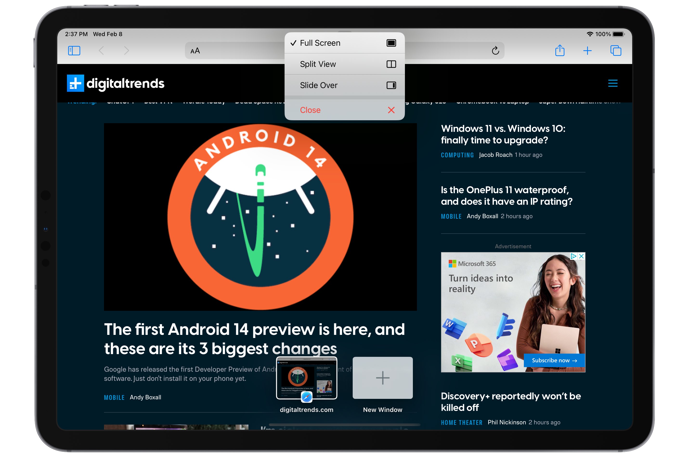 Safari su iPad mostra il menu Visuale multitasking.
