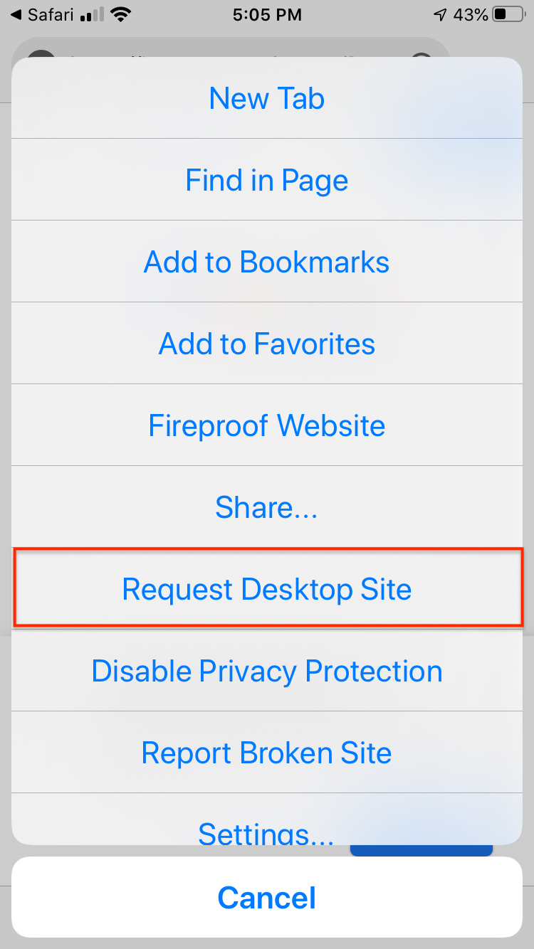 第2步：在Safari或Chrome中选择“请求桌面版”。