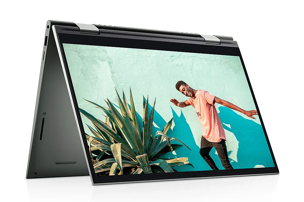 Ноутбук Dell Inspiron 14 2 в 1 в режиме тента и отображение красочного изображения.