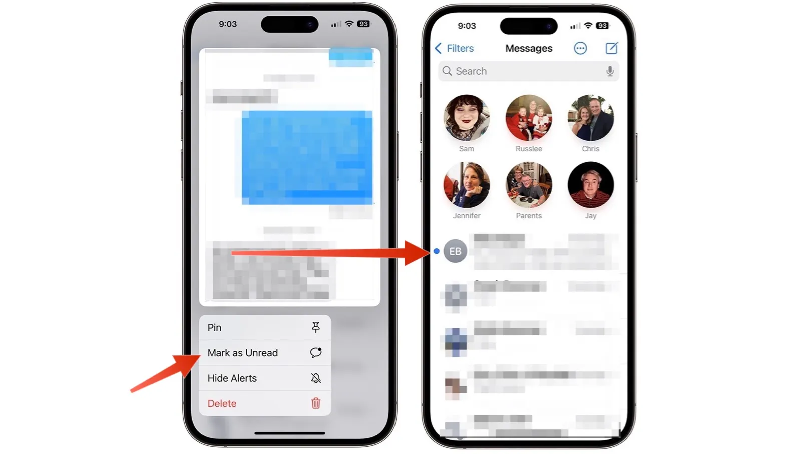 Captura de tela mostrando como marcar uma mensagem como não lida no iPhone.