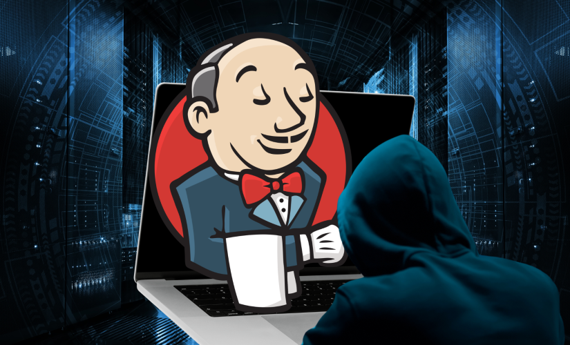 Hacker con felpa nera su laptop con logo del maggiordomo Jenkins sullo schermo e sala di server sullo sfondo