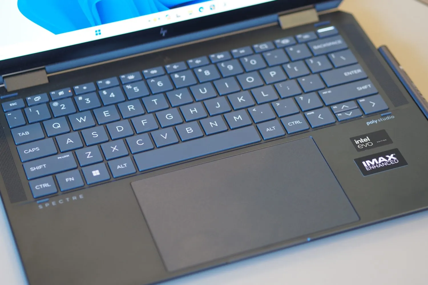 HP Spectre x360 14 2023 top-down view showing the keyboard.