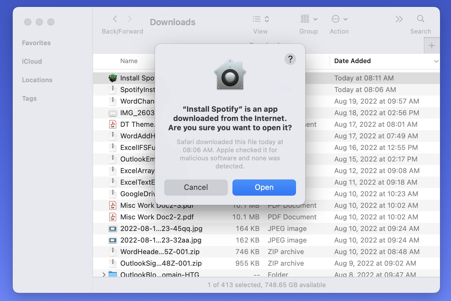 Aviso do macOS para descarregar ficheiros da web.