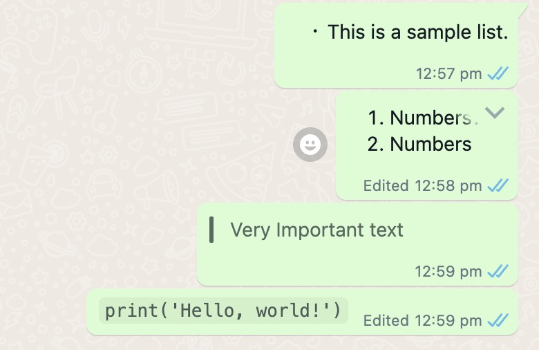 Пример того, как выглядят новые варианты форматирования на WhatsApp Web